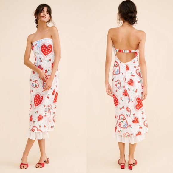 For Love & Lemons Daisy Mae Heart Cherry Print Strapless Ruffle Midi Dress - Picture 4 of 12